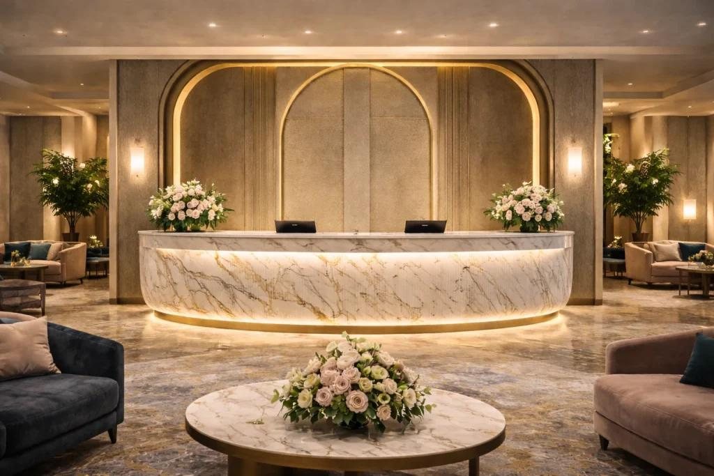 Arched reception desk with brass detailing