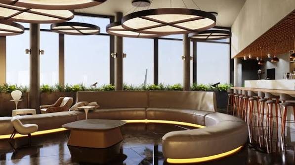 Café with curved banquette seating