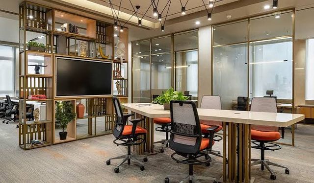 Open workspace with display shelving