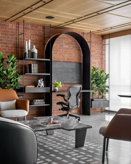 Executive lounge with arched shelving