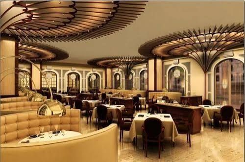 Fine-dining hall with decorative ceiling