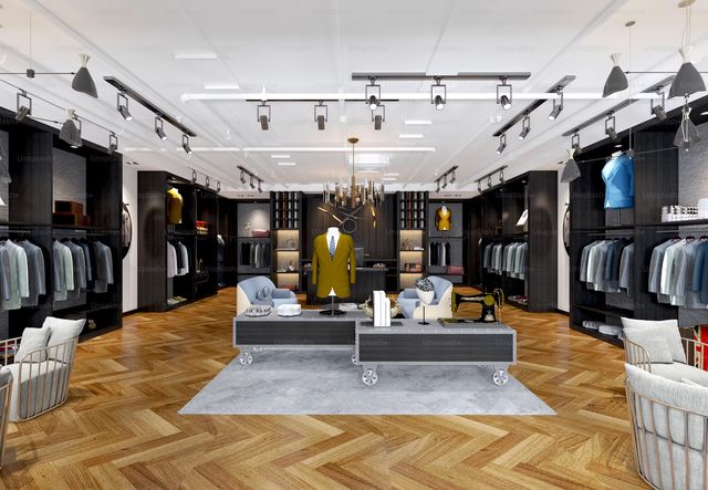 Menswear store with herringbone flooring